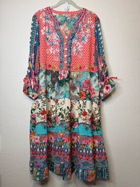 John Mark Multicolor Floral Patchwork Midi Dress Pockets Scrunch Sleeves Size M